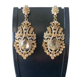 Sophia Grace Austrian Crystal Bridal Gold Tear Drop Earrings Art Deco Chandelier